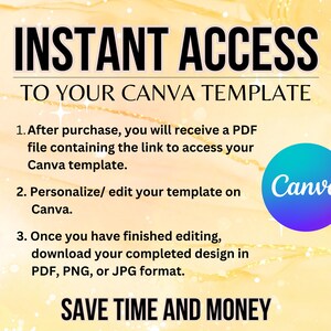 Puede incluir: Gr&aacute;fico digital con el texto "ACCESO INSTANT&Aacute;NEO A TU PLANTILLA CANVA". Las instrucciones se enumeran debajo del t&iacute;tulo. Un logotipo de Canva est&aacute; en un c&iacute;rculo azul. Las palabras "AHORRA TIEMPO Y DINERO" est&aacute;n en la parte inferior.