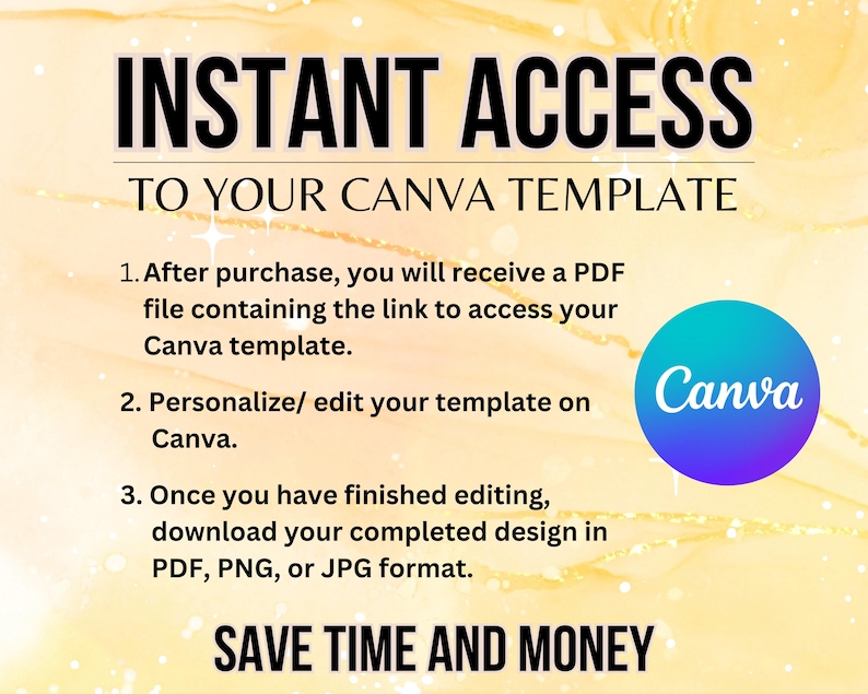 Puede incluir: Gr&aacute;fico digital con el texto "ACCESO INSTANT&Aacute;NEO A TU PLANTILLA CANVA". Las instrucciones se enumeran debajo del t&iacute;tulo. Un logotipo de Canva est&aacute; en un c&iacute;rculo azul. Las palabras "AHORRA TIEMPO Y DINERO" est&aacute;n en la parte inferior.
