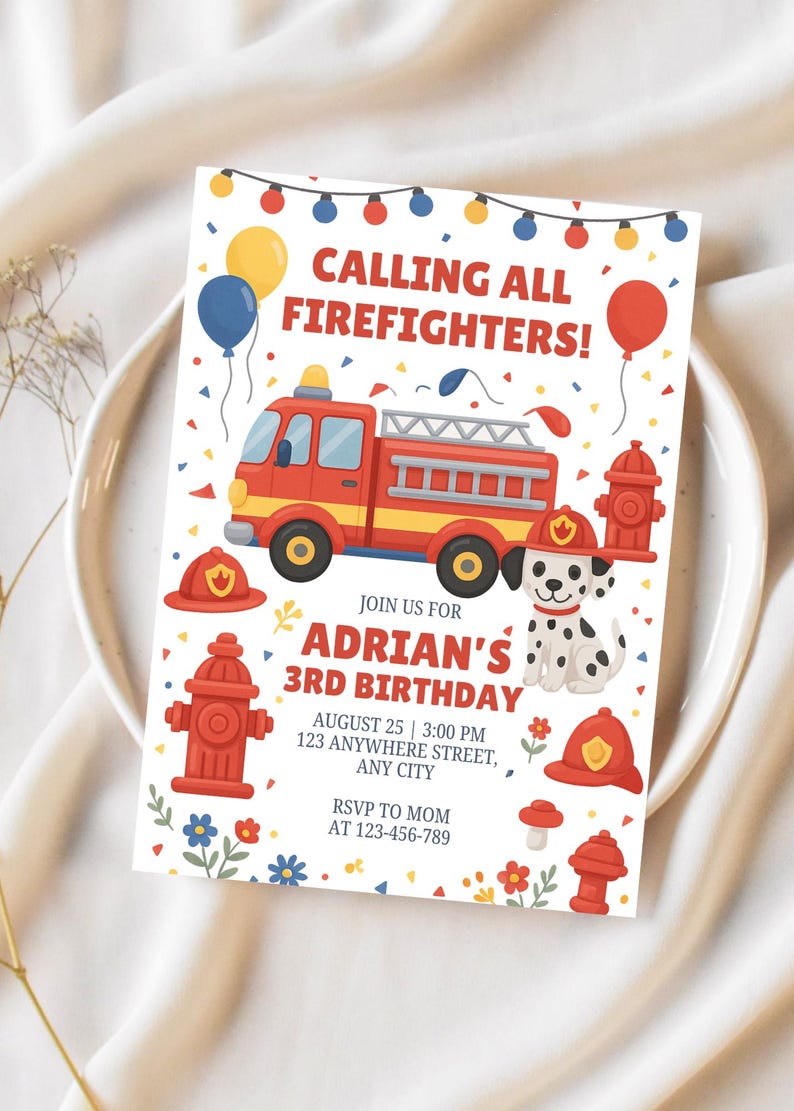 Fire Truck Birthday Invitation Template: Editable 5x7 (digital Download ...