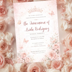 May include: A rectangular invitation card featuring a light pink watercolor background with illustrations of roses, butterflies, and a crown. The text reads: Mr. & Mrs. Rodriguez request the honor of your presence for the Quinceañera of Arida Rodriguez.