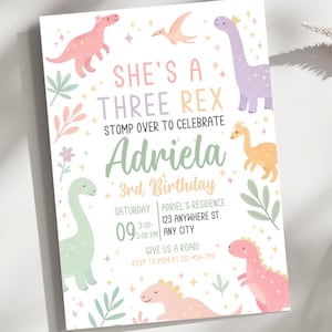 Dinosaur Birthday Invitation, Girl Dino Birthday Invite, Three Rex Birthday Invite, Third Birthday Dino Party, Digital Download