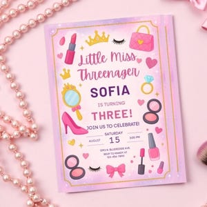 Threenager Birthday Invitation: Pink Glam Princess Party (Digital Download
