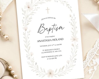 Invitación floral para bautizo de niña – Plantilla elegante en tonos pastel para bautizo