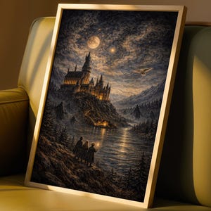 Harry Potter Starry Night Wall Art Print, Hogwarts Castle Night Sky Poster, Wizard Fantasy Decor Gift