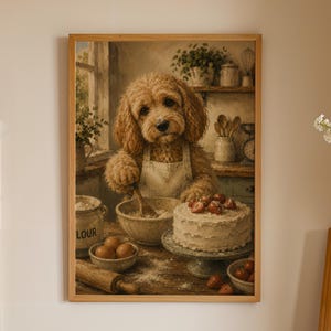 Puede incluir: Una impresión de arte mural enmarcada que representa a un perro de color dorado con un delantal blanco, de pie en una cocina mezclando ingredientes en un cuenco junto a un pastel glaseado con fresas, harina, huevos y un rodillo sobre una mesa.