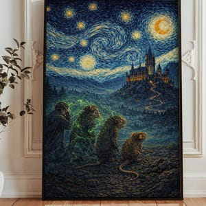 Harry Potter Scabbers Starry Night väggkonsttryck, trollkarlsråttanposter, magisk natthimmelkonstverk, fantasiväggdekor, Harry Potter-fangåva
