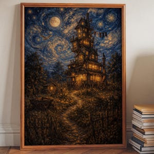 May include: A framed print of a spooky, multi-story house under a swirling night sky with a full moon. The artwork features a path leading to the house, surrounded by trees and illuminated windows. The color palette includes blues, browns, and yellows.