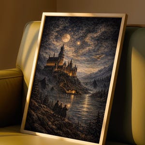 Harry Potter Starry Night Wall Art Print, Hogwarts Castle Night Sky Poster, Wizard Fantasy Decor Gift