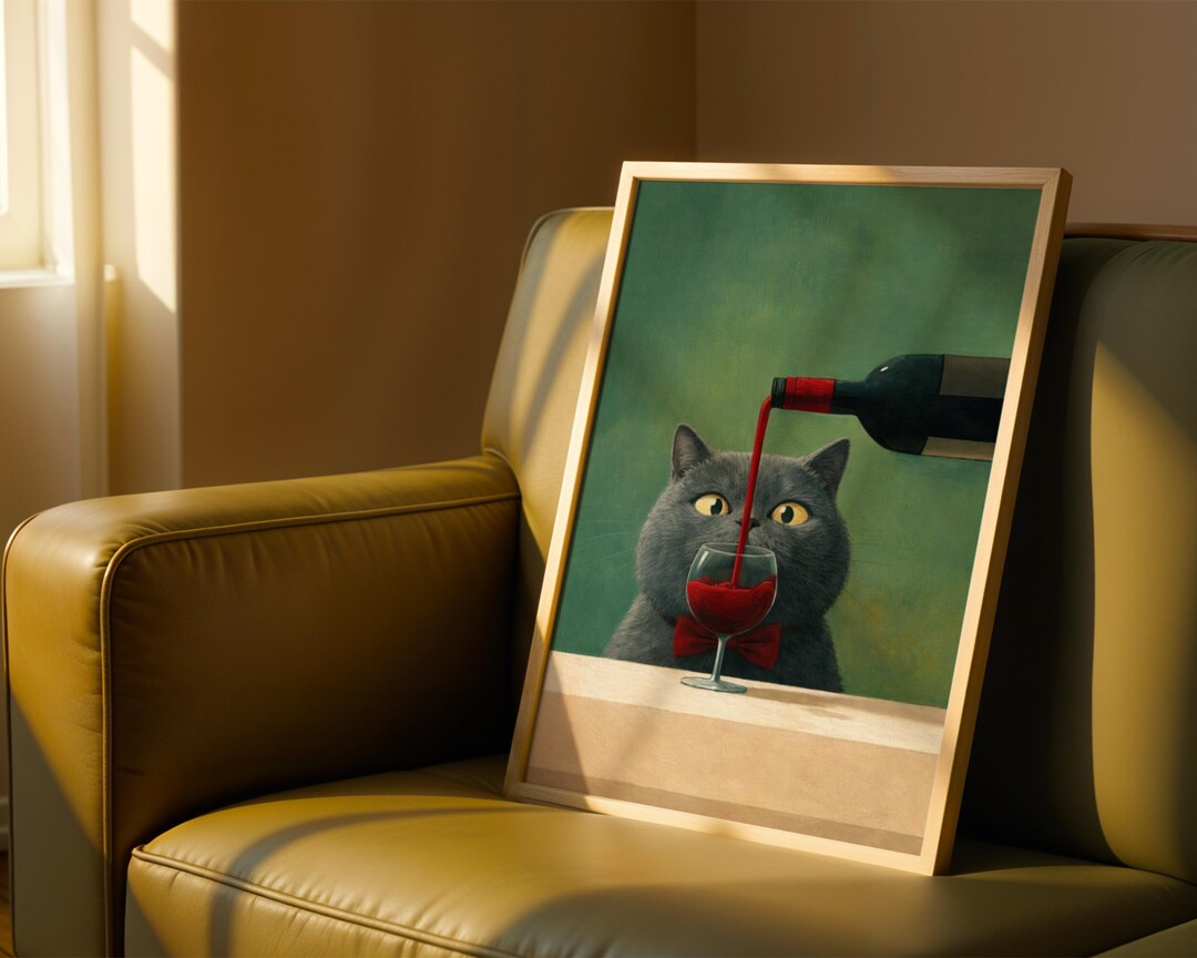 Grey Cat Wine Art Print, Funny Cat Wall Decor for Kitchen, Bar Cart or ...