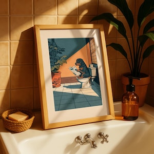 May include: A framed art print featuring a black and tan dog sitting on a white toilet while reading a newspaper. The illustration shows the dog in a tiled bathroom next to a potted plant, rendered in a warm, sunlit color palette with deep shadows.