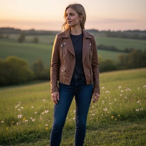 Op de afbeelding: Een bruine leren jas met ritssluiting, gedragen over een donkergrijs t-shirt en gecombineerd met een blauwe jeans. De persoon draagt bruine laarzen. De setting is een veld met wilde bloemen.