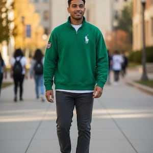 Vintage Polo Ralph Lauren Men's 2XLT Green 1/4 Zip Big Pony Ski Patch Sweatshirt