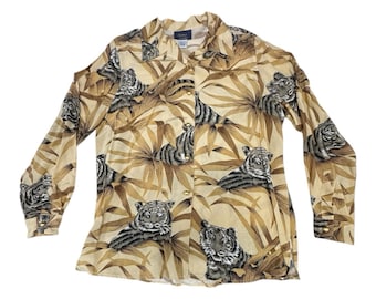 Vintage Dennis Basso Brown M Silk Tiger All Over Prints Langarmshirt