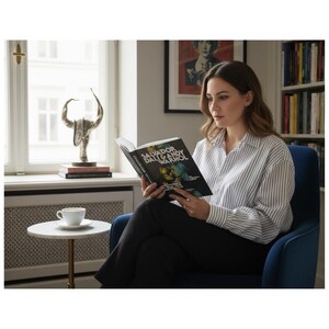 May include: A hardcover book titled Salvador Dali & Andy Warhol with a black cover and white text, held open. The book features a graphic design on the front cover and is being read while sitting in a blue chair, wearing a white striped shirt.