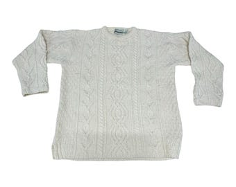 VTG Irish Fisherman Chunky Cable Knit t Aran Pure Merino Wool M Sweater Cream