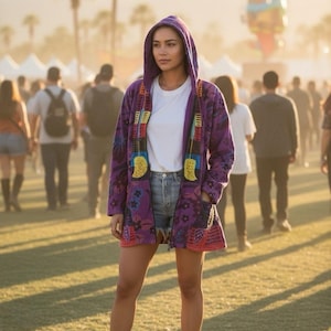 May include: A woman wearing a purple hooded jacket with colorful embroidered details, a white t-shirt, denim shorts, and brown ankle boots. The jacket has a floral pattern and is open, revealing the t-shirt. The background shows a crowd of people and palm trees.