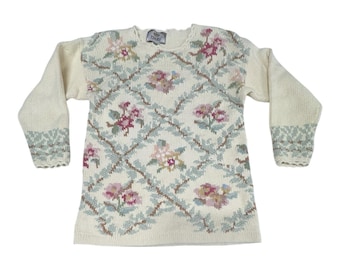 Tiara Vintage Floral Sweater Women's Medium Cream Floral Foliage Cottagecore