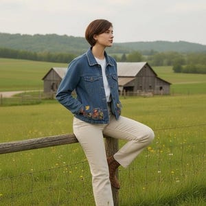 May include: A denim jacket with floral embroidery on the cuffs and a white t-shirt. The person is wearing cream-colored pants and brown boots. The background features a wooden fence, a green field, and a barn.