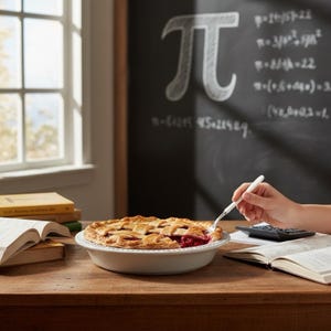 May include: A fruit pie with a golden brown lattice crust sits in a white ceramic dish on a wooden table. The pie has a visible red berry filling. A white fork rests in the pie, and open books and a calculator are placed on the wooden surface.