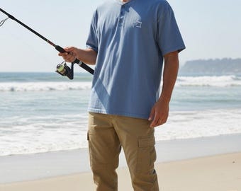 Vintage Guy Harvey Blau 2XL Henley 1/4 Button Snooks Sardinen Hemd Salzwasser