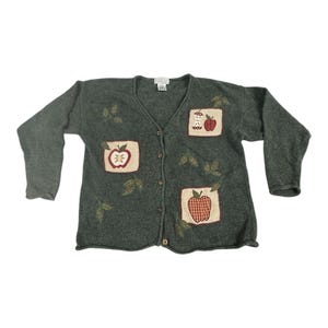 Vintage Mandal Bay Fall Apples XXL Green Cardigan Sweater Momcore Teacher Retro