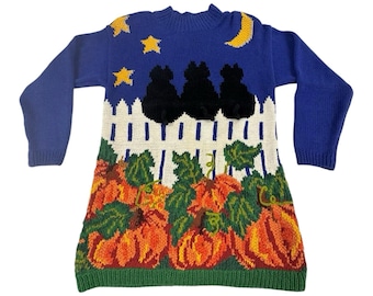 Vtg Marisa Christina Classics Hand Knitted S Blue Halloween Black Cat Sweater