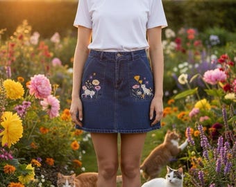 Modcloth X Princess Highway 12 Medium Denim Embroidered Cats Flower Skirt Boho