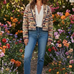 May include: A woman wearing a patterned jacket with a cream-colored blouse and blue jeans, standing in a garden filled with colorful flowers. The jacket features a geometric design in shades of beige, red, and blue. She is wearing white sneakers.