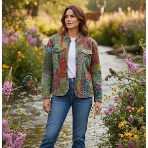May include: A woman wearing a patchwork jacket with a white shirt and blue jeans, standing in a stream surrounded by flowers. The jacket features a mix of green, red, and purple patterns. Birds perch on branches nearby.