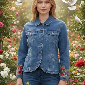 May include: A blue denim jacket with floral embroidery on the cuffs and a button-up front. The jacket is worn with matching jeans. The background shows a rose garden with white doves.