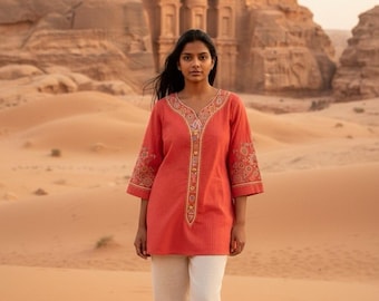 Bob Mackie Wearable Art M Coral Pink Metallic Embroidered Geometric Tunic Boho