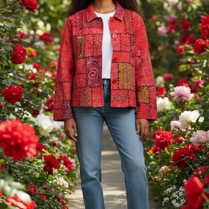Può includere: Giacca patchwork rossa, maglietta bianca e jeans blu. La giacca ha una chiusura con bottoni e maniche lunghe. La persona indossa scarpe da ginnastica bianche. Lo sfondo è un giardino di rose rosse e rosa.