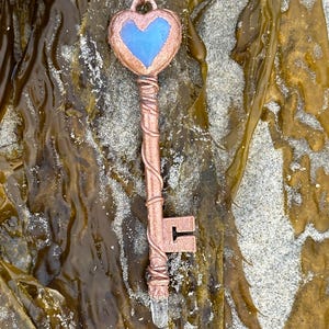 Electroformed Opalite Heart Skeleton Key Necklace, Heart Key Jewelry, Crystal Key Jewelry, Castlecore, fairycore, Unique Key Necklace, Key