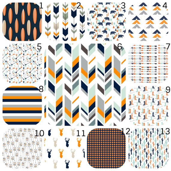 navy and orange crib bedding