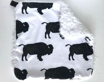 buffalo lovey, security blanket, blankie, minky blankie, minky lovey, baby blankie, black and white lovey, new baby gift, buffalo blanket