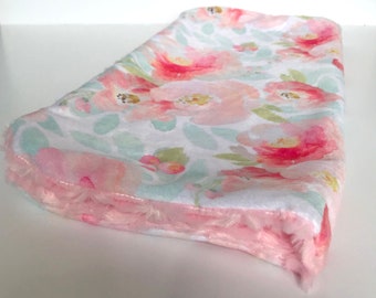 floral cuddle blanket,girl blanket, minky blankie, minky lovey, baby blankie, pink white blanket, new baby gift, modern nursery