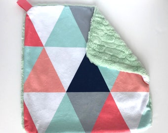 Lovey,  coral Security Blanket, Baby Crib Blanket, Girls Baby Blanket, Newborn Baby Blanket, Soft Baby Cover, geometric lovey, mint green