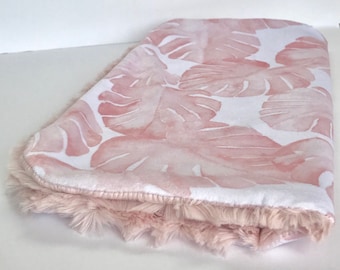 cuddle blanket, pink leaf blanket, minky blankie, minky lovey, baby blankie, monestra leaf  blanket, new baby gift, modern nursery, minky