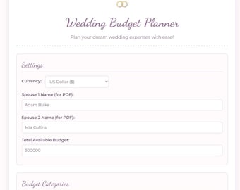 May include: A wedding budget planner with a white background and purple text. The planner includes sections for settings, budget categories, and a total available budget. The settings section includes fields for currency, spouse 1 name, spouse 2 name, and total available budget. The budget categories section includes columns for category, suggested %, allocated (£), actual spent (£), difference (£), and % of total.