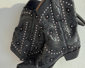 Y2K Old Gringo Black Studded Floral Leather Ankle Cowboy Boots Size 7.5B Western Booties
