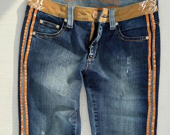 Y2K Pepe Jeans London lågmidjade caprijeans storlek 27 orange randiga, korta, utsvängda denim 2000-tals bomulls-spandex