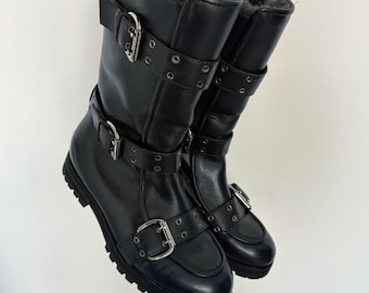 Vintage Jimmy Choo schapenvacht motorlaarzen Y2K leren motorlaarzen maat 7,5, begin jaren 2000