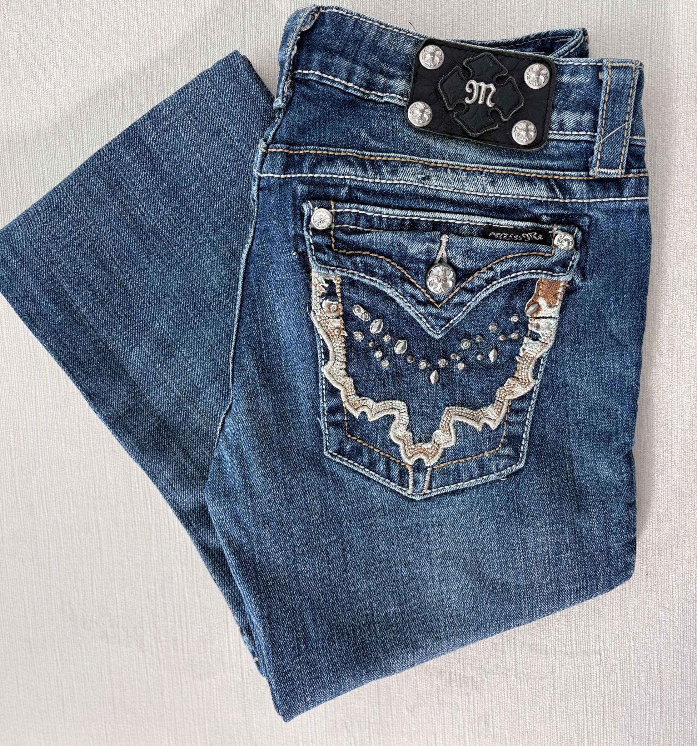 Y2K Miss Me Jeans With Real Cowhide Inlay Rhinestone Western Denim