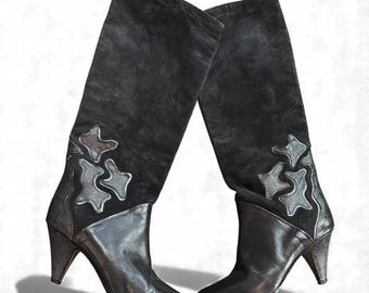 Vintage Bally Knee High Suede Boots Embossed Leather Size 7 Point 5