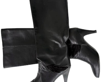 Vintage Gloria Vanderbilt zwarte leren slappe laarzen – suède en slangenleer bladdetail, (dames 6,5)