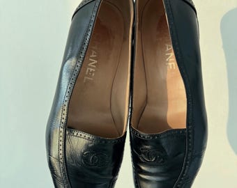 Vintage Chanel Black Leather Loafers Size 37 | 1990s Karl Lagerfeld Era CC Logo Shoes