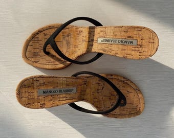 Vintage Manolo Blahnik Cork Wedge Sandals Size 37  Dark Brown Suede Thong Heels  Y2K Designer Minimalist