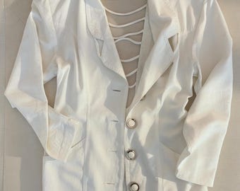 Chaqueta tipo blazer vintage FIRE Los Angeles blanca con espalda abierta, talla pequeña, blazer llamativo de finales de los 80.