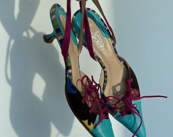 Seltene Gianni Versace SS02 Era Mixed-Media Lace-Up Slingback Kitten Heels EU 37