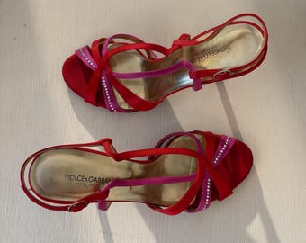 Vintage Dolce & Gabbana Y2K Red Pink Crystal Satin Heels US 7 Italy
